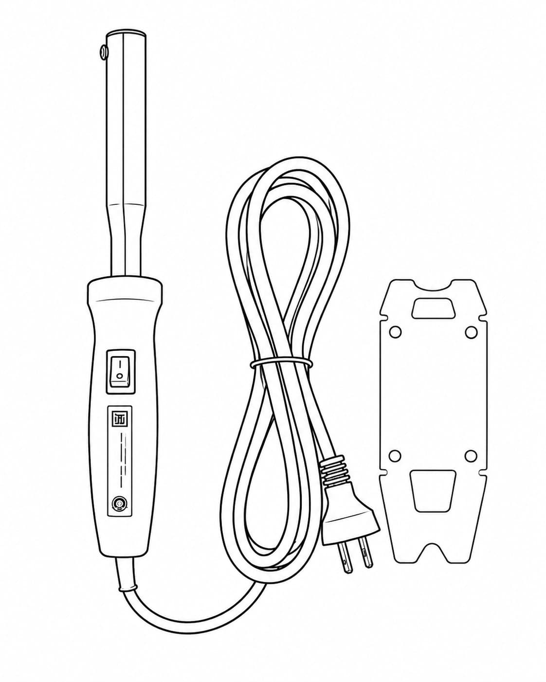 Ilustración del calentador eléctrico con cable, enchufe y soporte metálico