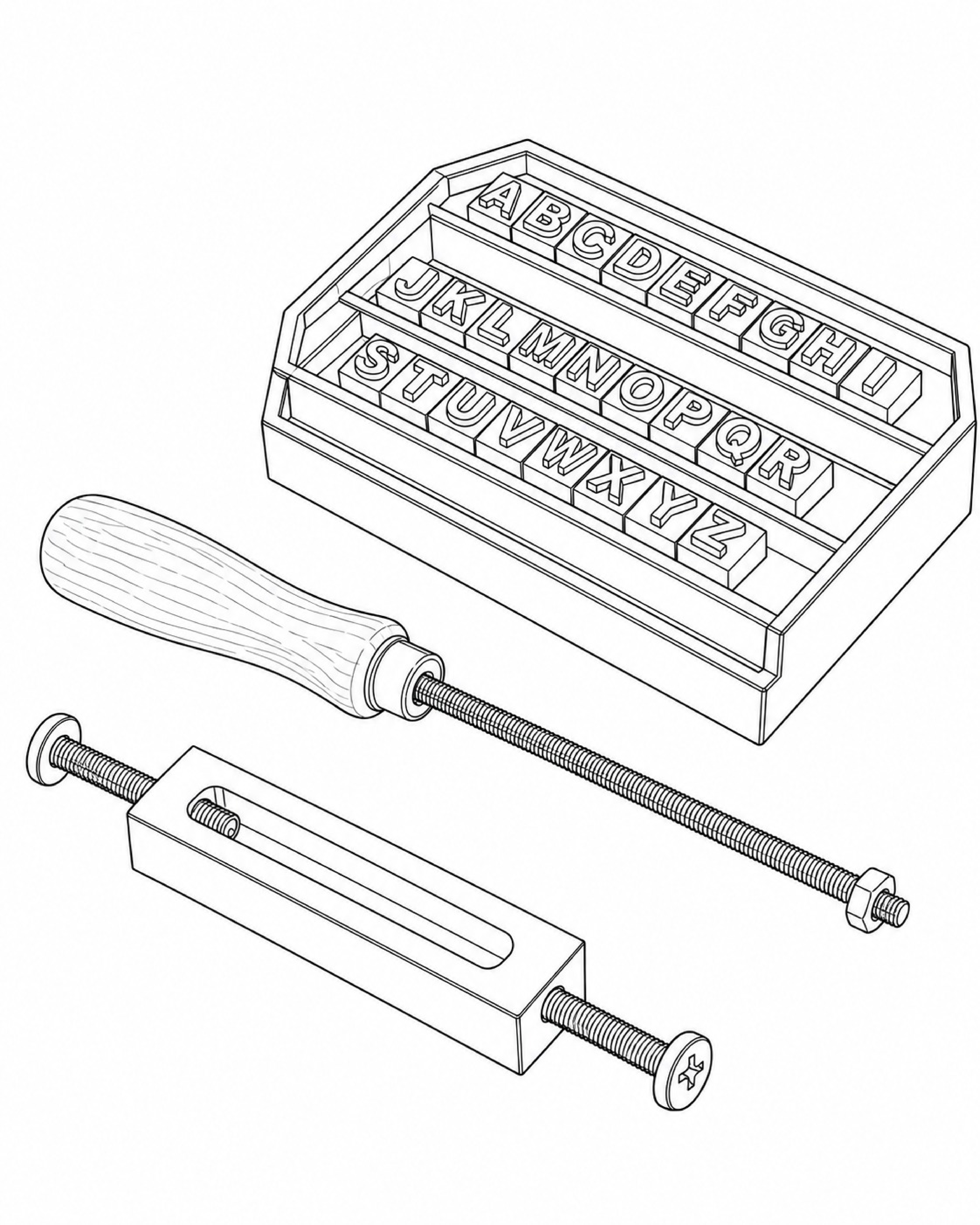 Ilustración del set de abecedario: letras de bronce, soporte, caja contenedora y mango de madera